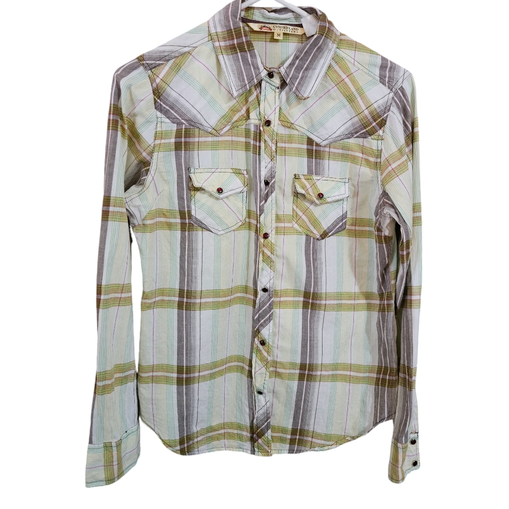 CUMBERLAND OUTFITTERS WESTERN SNAP SHIRT WOMANS SIZE MED  GREEN/BRN PLAID